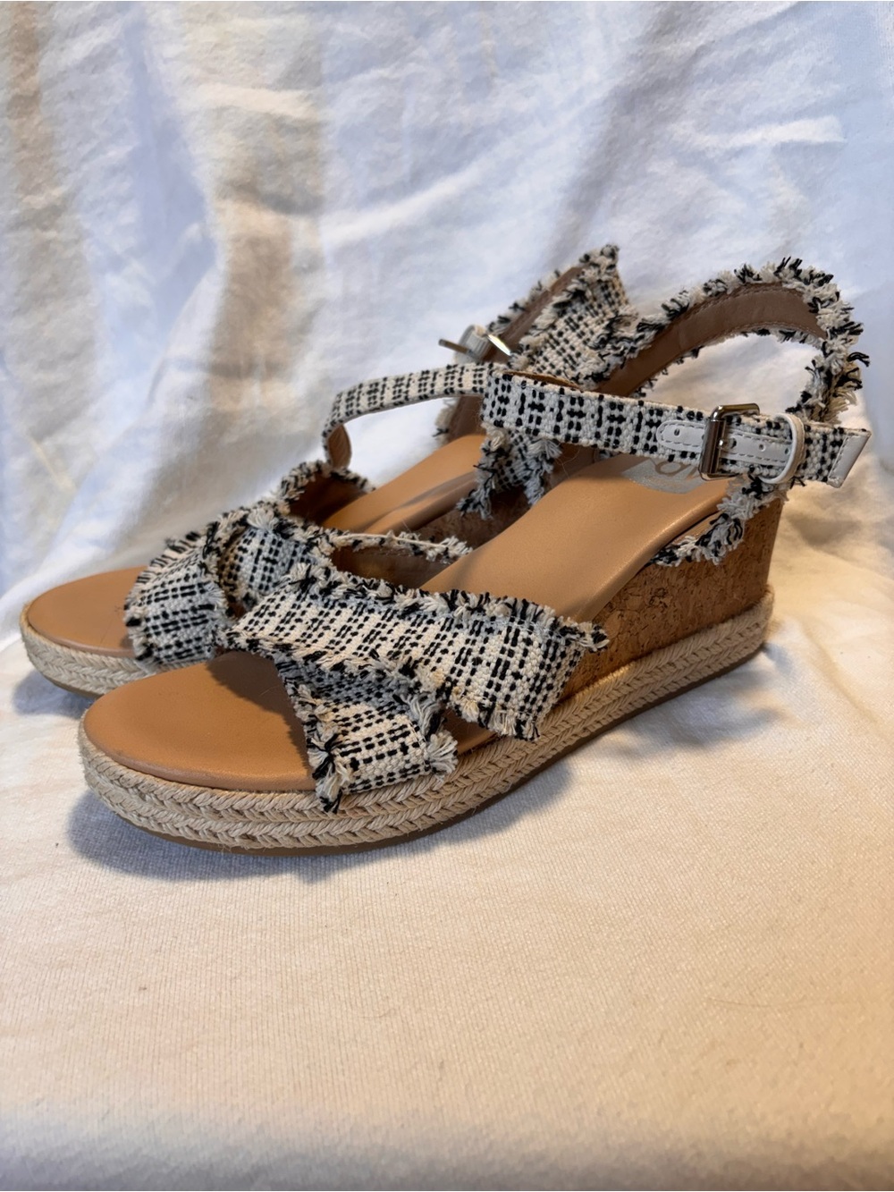 Dolce Vita White and Black Woven Fringe Espadrille Wedge Sandals